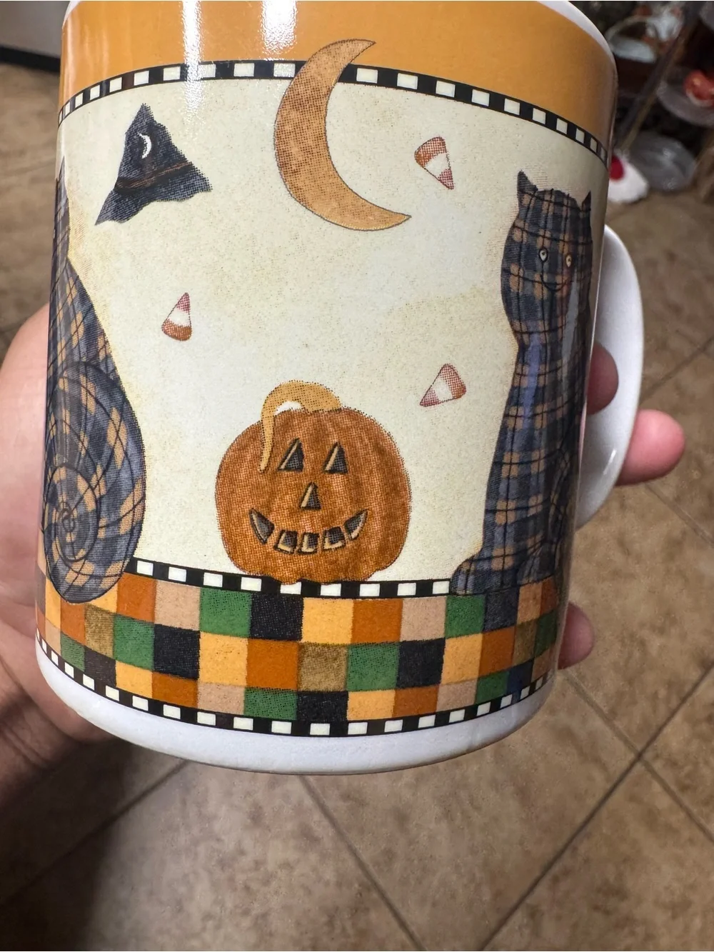 Debbie Mumm Plaid Cat Halloween Ceramic Mug - Orange, Green, Black
